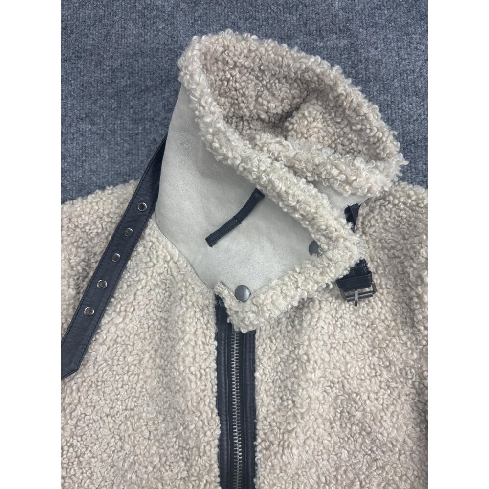 Zara Woman Jacket Womens Small Beige Sherpa Teddy Fleece Biker Moto Zip Pockets - Picture 3 of 8
